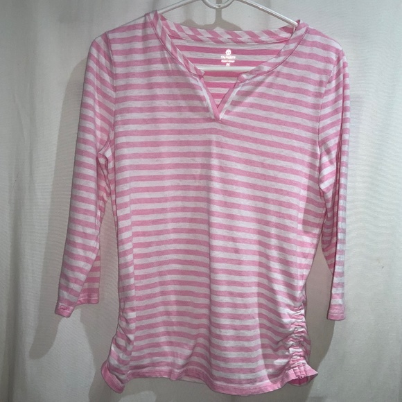 T by Talbots striped split neck tee shirt Sz M ruched side seams - Picture 1 of 5